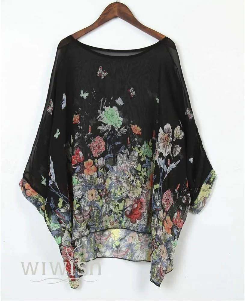 Women's Bohemian Style Summer Beach Lagenlook Top Kimono Loose Waterfall Chiffon Kaftan Poncho Shirt