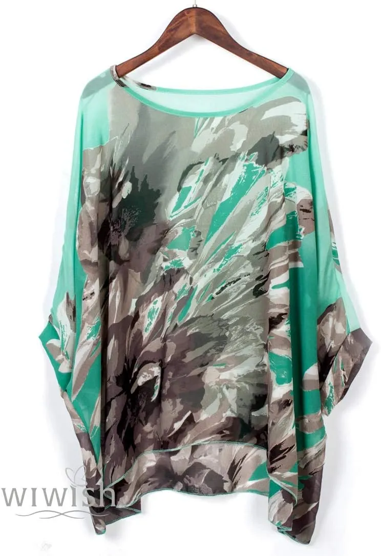 Women's Bohemian Style Summer Beach Lagenlook Top Kimono Loose Waterfall Chiffon Kaftan Poncho Shirt