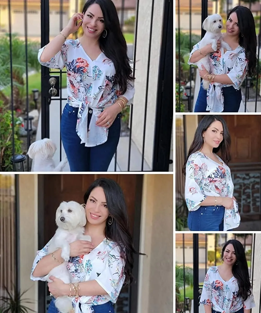 Women's Casual Floral Blouse Batwing Sleeve Loose Fitting Shirts Boho Knot Front Tops