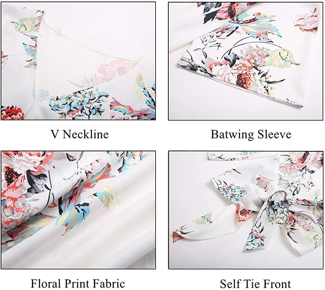 Women's Casual Floral Blouse Batwing Sleeve Loose Fitting Shirts Boho Knot Front Tops