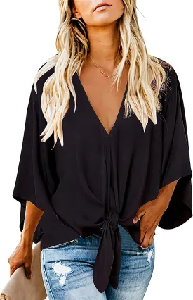 Women's Casual Floral Blouse Batwing Sleeve Loose Fitting Shirts Boho Knot Front Tops