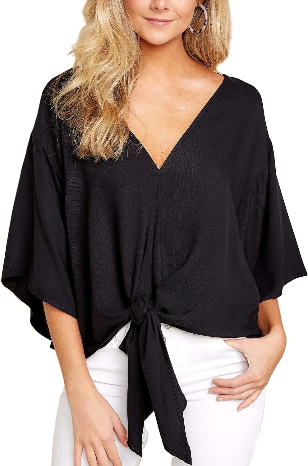 Women's Casual Floral Blouse Batwing Sleeve Loose Fitting Shirts Boho Knot Front Tops