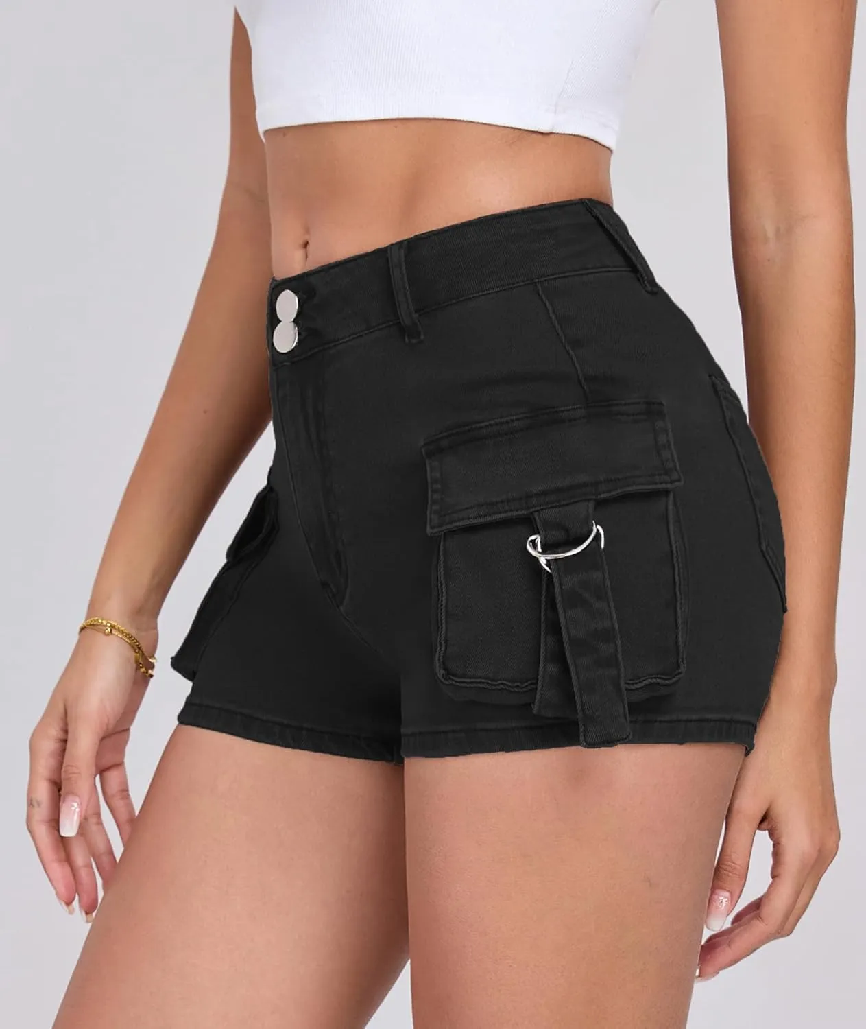 Women's Denim Mini Cargo Shorts Casual Mid Rise High Stretchy Jean Shorts Sexy Booty Shorts with Pockets Y2K
