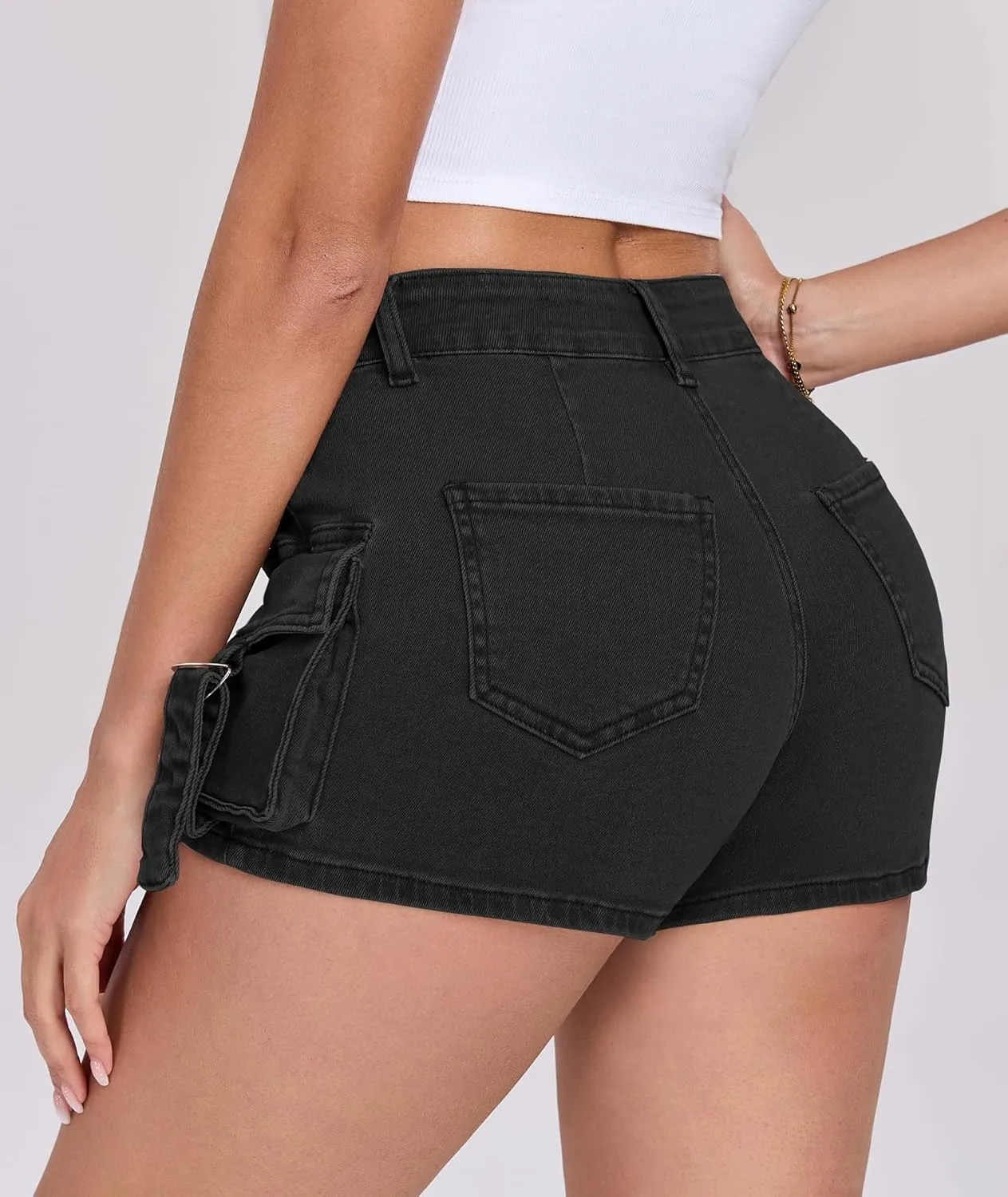 Women's Denim Mini Cargo Shorts Casual Mid Rise High Stretchy Jean Shorts Sexy Booty Shorts with Pockets Y2K