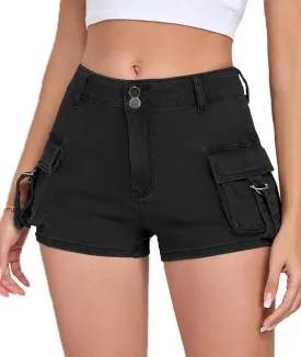 Women's Denim Mini Cargo Shorts Casual Mid Rise High Stretchy Jean Shorts Sexy Booty Shorts with Pockets Y2K