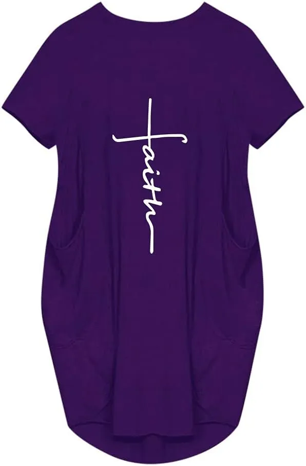 Women's Faith Baggy T-Shirt Dress Casual Oversize Short Sleeve Midi Dresses with Pocket