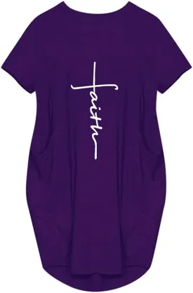 Women's Faith Baggy T-Shirt Dress Casual Oversize Short Sleeve Midi Dresses with Pocket