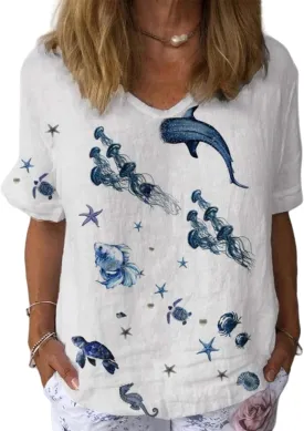 Womens Floral Plants Shirts Summer Short Sleeve Tops Cotton Linen Tshirt Trendy Boho Flower Graphic Tee Tops