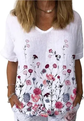 Womens Floral Plants Shirts Summer Short Sleeve Tops Cotton Linen Tshirt Trendy Boho Flower Graphic Tee Tops