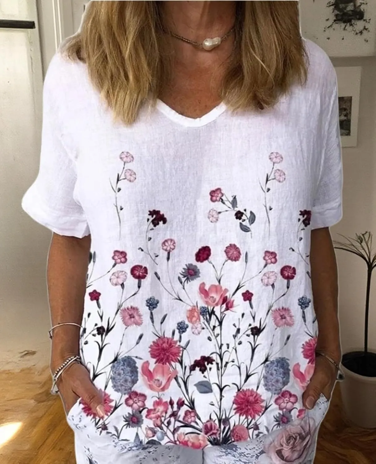 Womens Floral Plants Shirts Summer Short Sleeve Tops Cotton Linen Tshirt Trendy Boho Flower Graphic Tee Tops