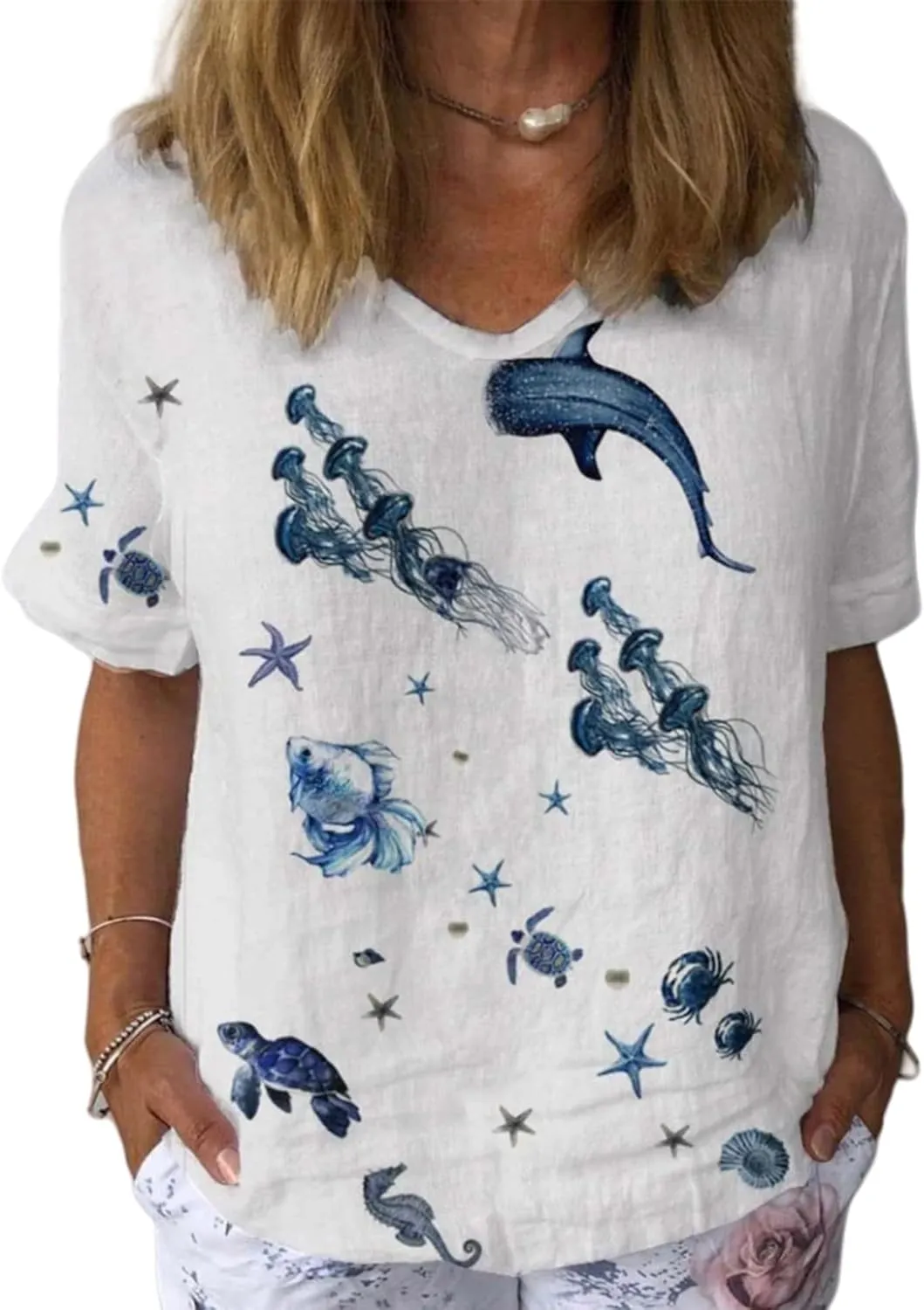 Womens Floral Plants Shirts Summer Short Sleeve Tops Cotton Linen Tshirt Trendy Boho Flower Graphic Tee Tops