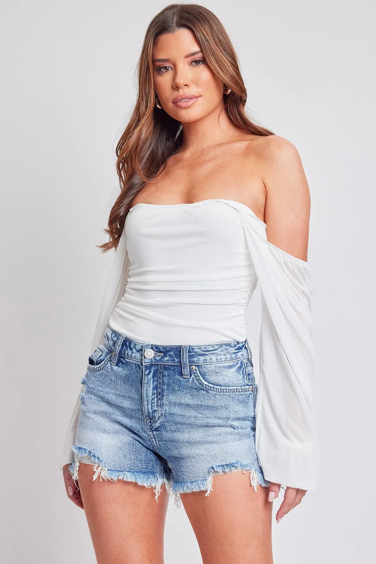 Women's High Rise Destructed Summer Fray Hem Shorts-Distressed