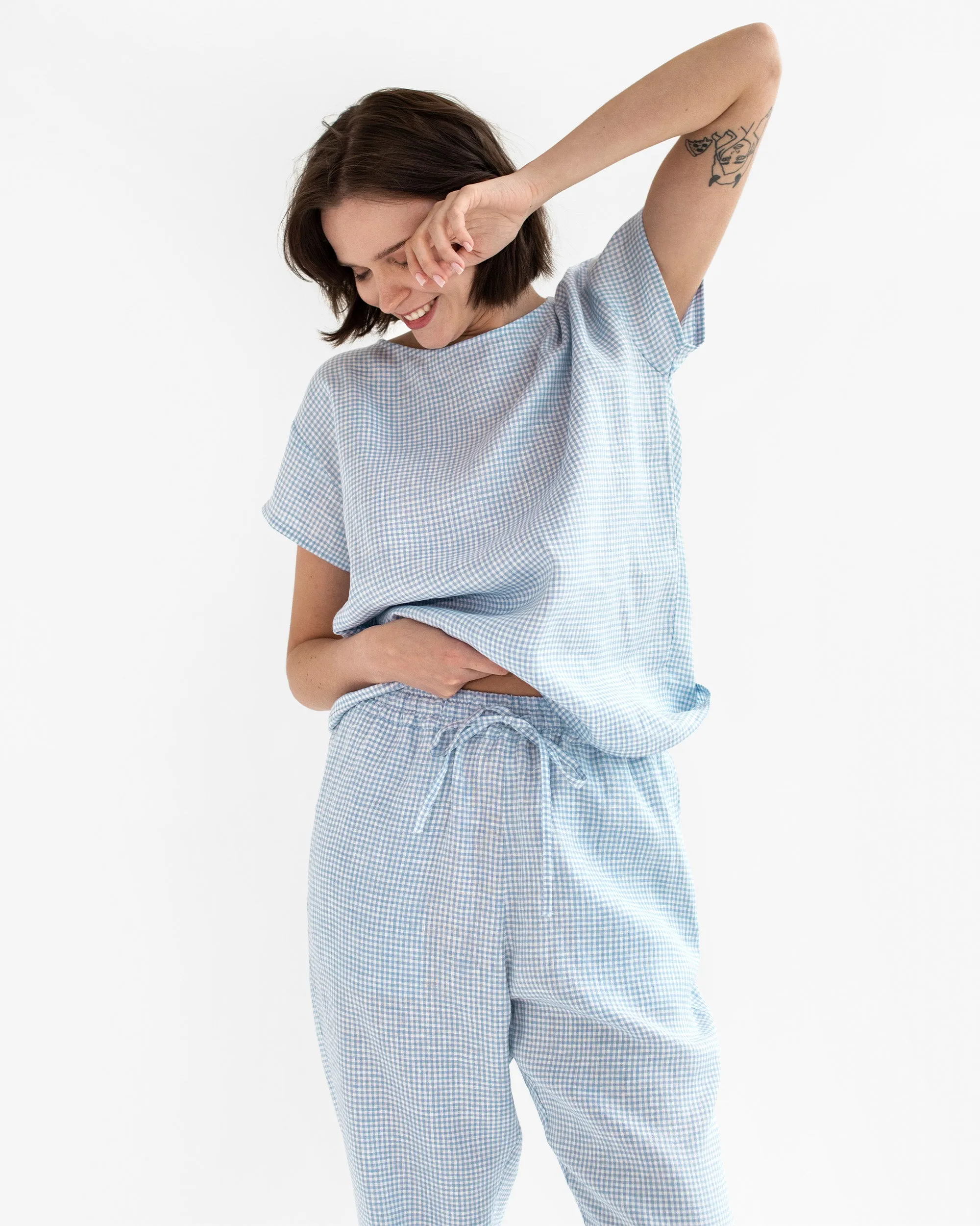 Women's linen pajama set RAVELLO in Blue gingham
