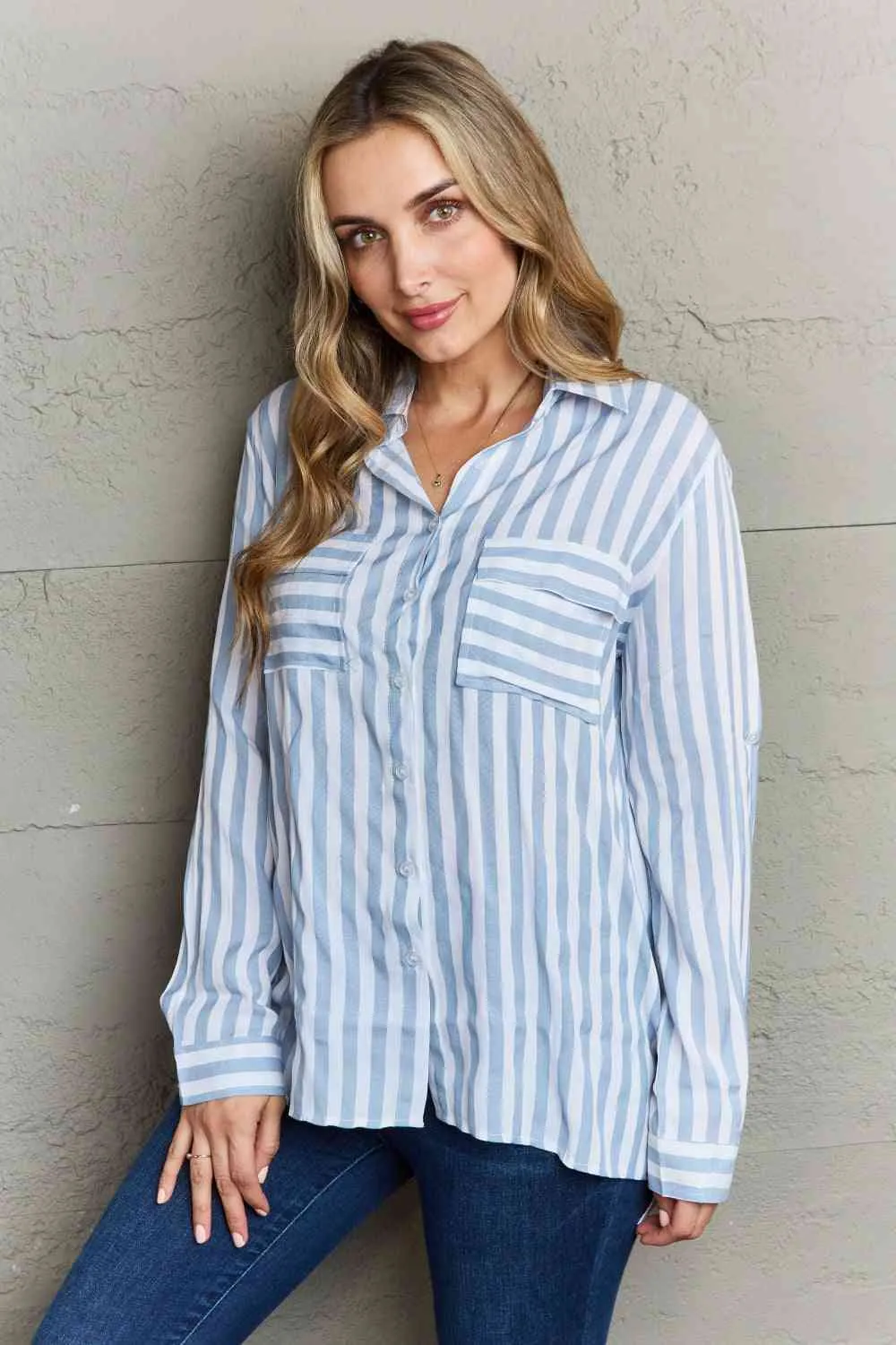 Women's Ninexis Take Your Time Collared Button Down Striped Shirt