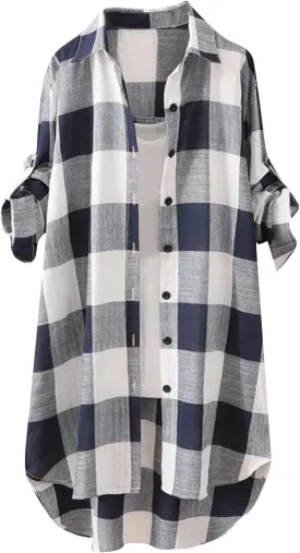 Womens Oversized Button Down Plaid Shacket Shirt with Pockets Roll Up Long Sleeve Casual Boyfriend Tunic Blouse Top