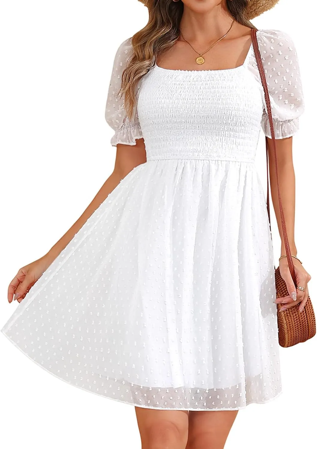 Women's Puff Sleeve Square Neck Mini Summer Sundress Chiffon Swiss Dot Flowy Smocked Dress