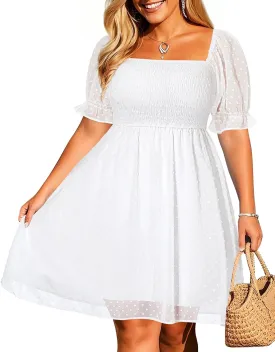 Women's Puff Sleeve Square Neck Mini Summer Sundress Chiffon Swiss Dot Flowy Smocked Dress