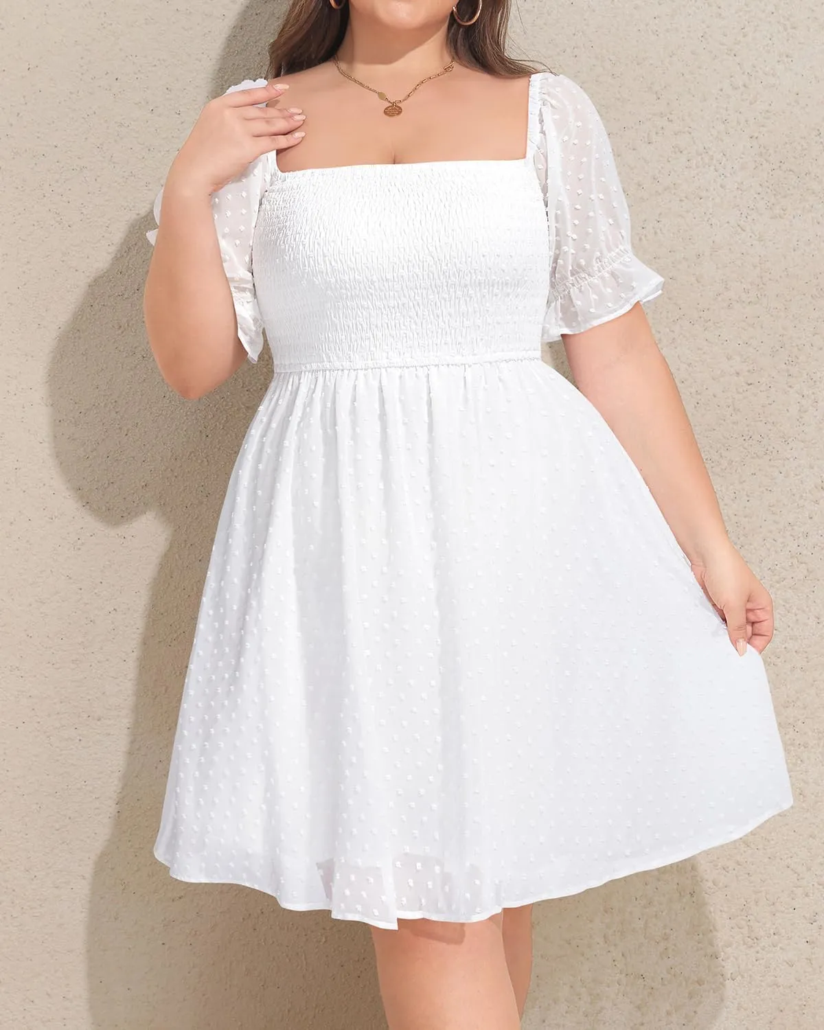 Women's Puff Sleeve Square Neck Mini Summer Sundress Chiffon Swiss Dot Flowy Smocked Dress