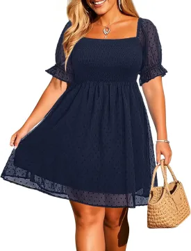 Women's Puff Sleeve Square Neck Mini Summer Sundress Chiffon Swiss Dot Flowy Smocked Dress
