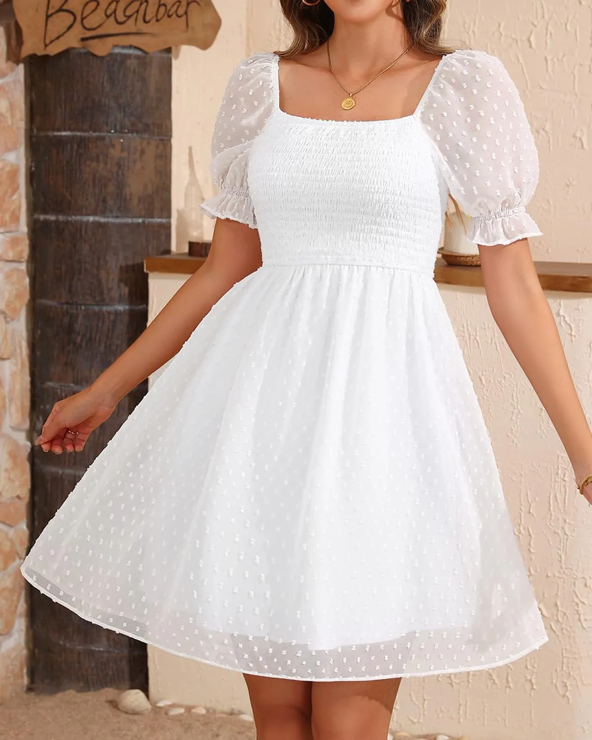 Women's Puff Sleeve Square Neck Mini Summer Sundress Chiffon Swiss Dot Flowy Smocked Dress