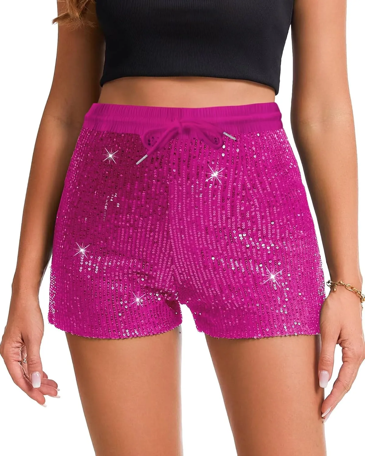 Womens Sequins Shorts A Line High Waist Elastic Sparkly Night-Out Shorts Clubwear Party Short