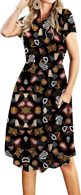 Womens Summer Pocket Knee Length Teacher Casual Dress Spring Modest Knit Fit Flare Short Sleeve Midi Work Travel Outfits