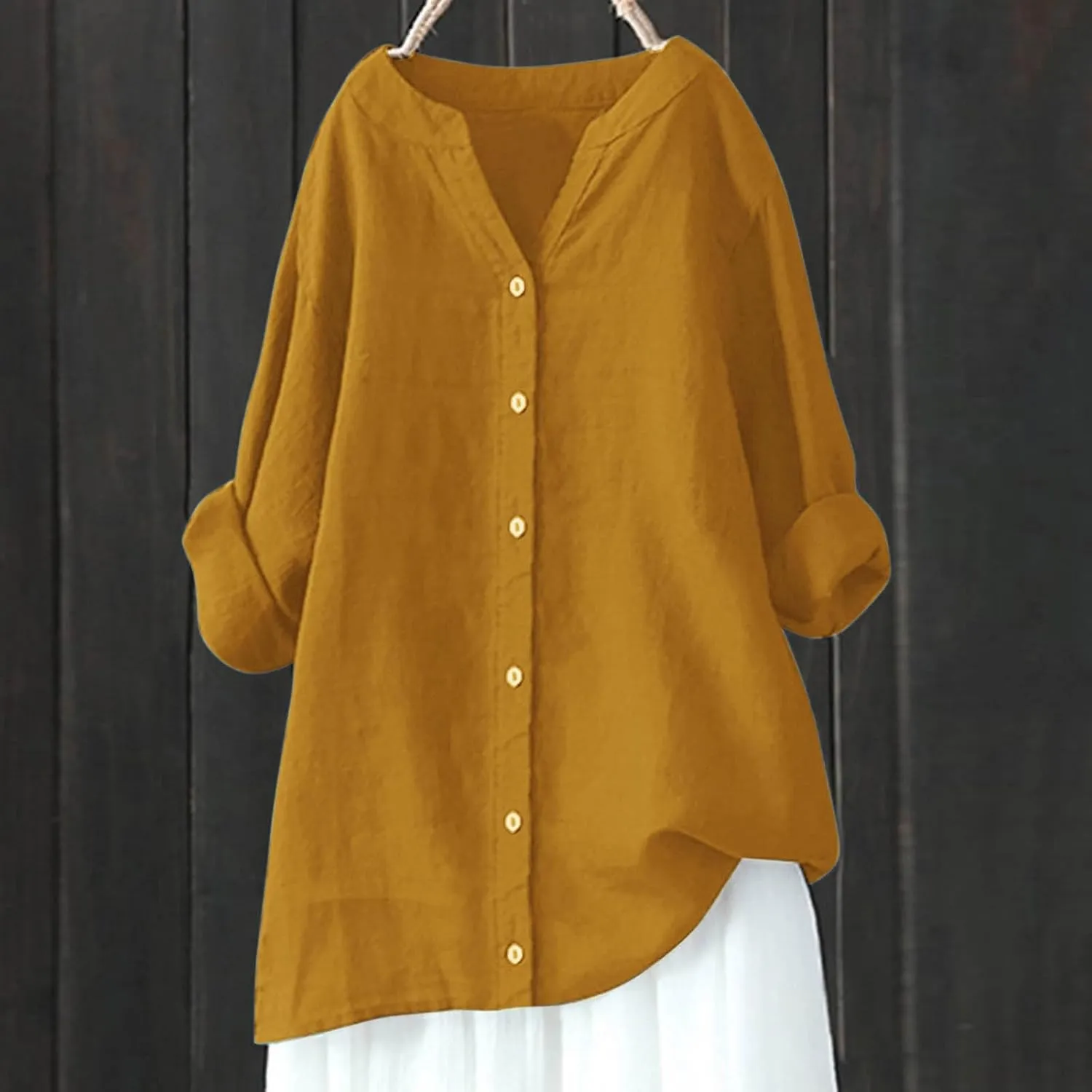 Womens Tops 2025 Long Sleeve Oversized Button Down Blouse Tops Cotton Linen Tunic Tees Airplane Travel Outfits
