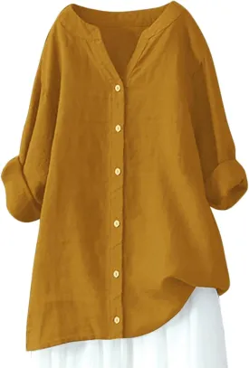 Womens Tops 2025 Long Sleeve Oversized Button Down Blouse Tops Cotton Linen Tunic Tees Airplane Travel Outfits