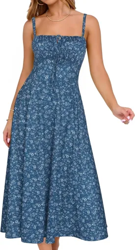 YATHON Women's Summer Midi Corset Boho Dresses Casual Floral Spaghetti Straps Lace Up Dress Flowy Aline Beach Sundress