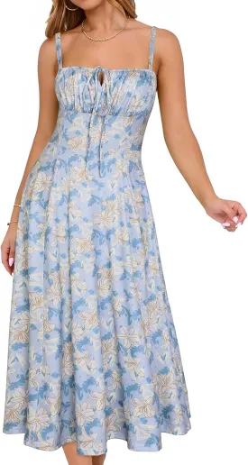YATHON Women's Summer Midi Corset Boho Dresses Casual Floral Spaghetti Straps Lace Up Dress Flowy Aline Beach Sundress