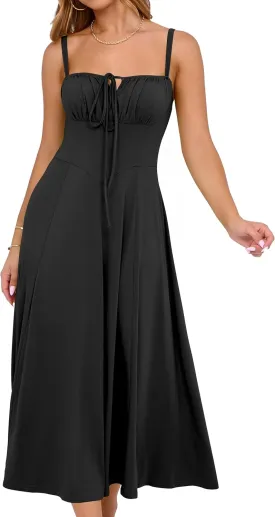 YATHON Women's Summer Midi Corset Boho Dresses Casual Floral Spaghetti Straps Lace Up Dress Flowy Aline Beach Sundress
