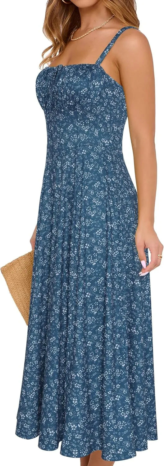 YATHON Women's Summer Midi Corset Boho Dresses Casual Floral Spaghetti Straps Lace Up Dress Flowy Aline Beach Sundress