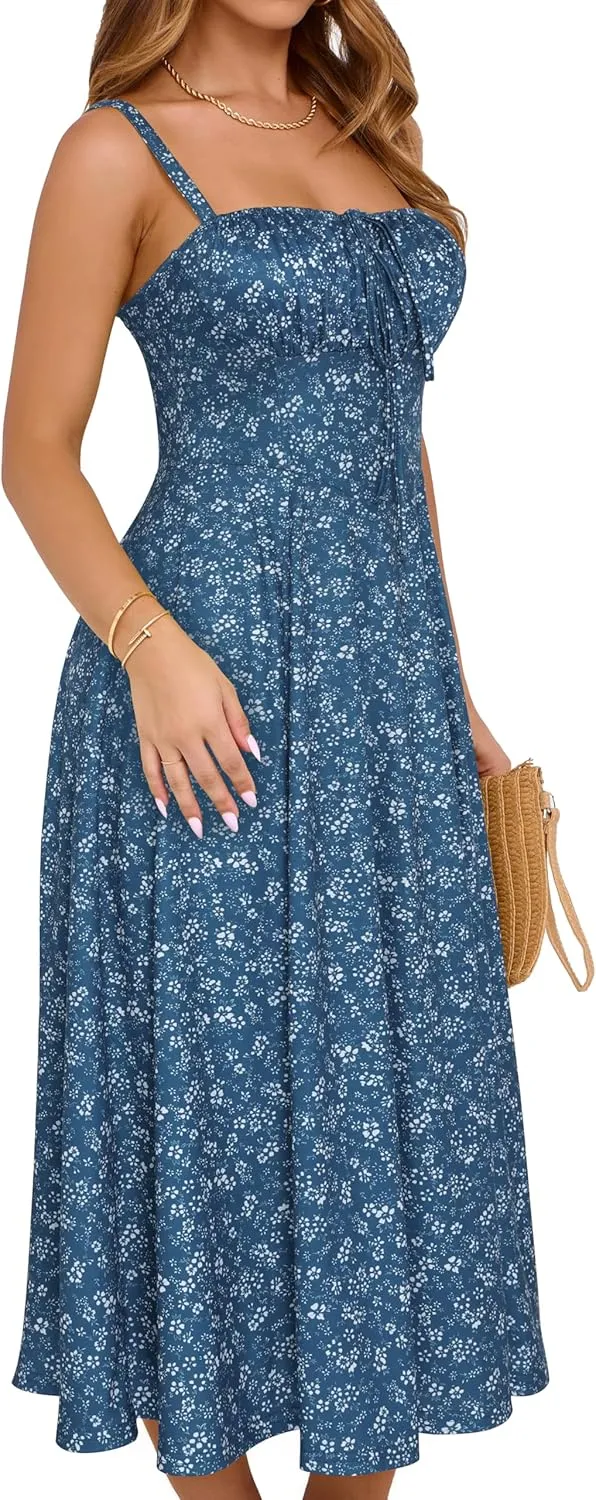 YATHON Women's Summer Midi Corset Boho Dresses Casual Floral Spaghetti Straps Lace Up Dress Flowy Aline Beach Sundress