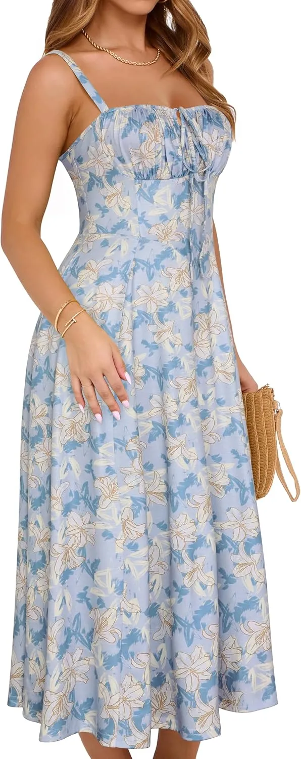 YATHON Women's Summer Midi Corset Boho Dresses Casual Floral Spaghetti Straps Lace Up Dress Flowy Aline Beach Sundress