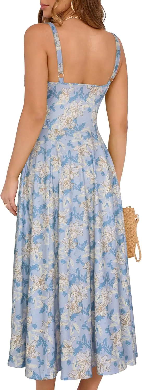 YATHON Women's Summer Midi Corset Boho Dresses Casual Floral Spaghetti Straps Lace Up Dress Flowy Aline Beach Sundress