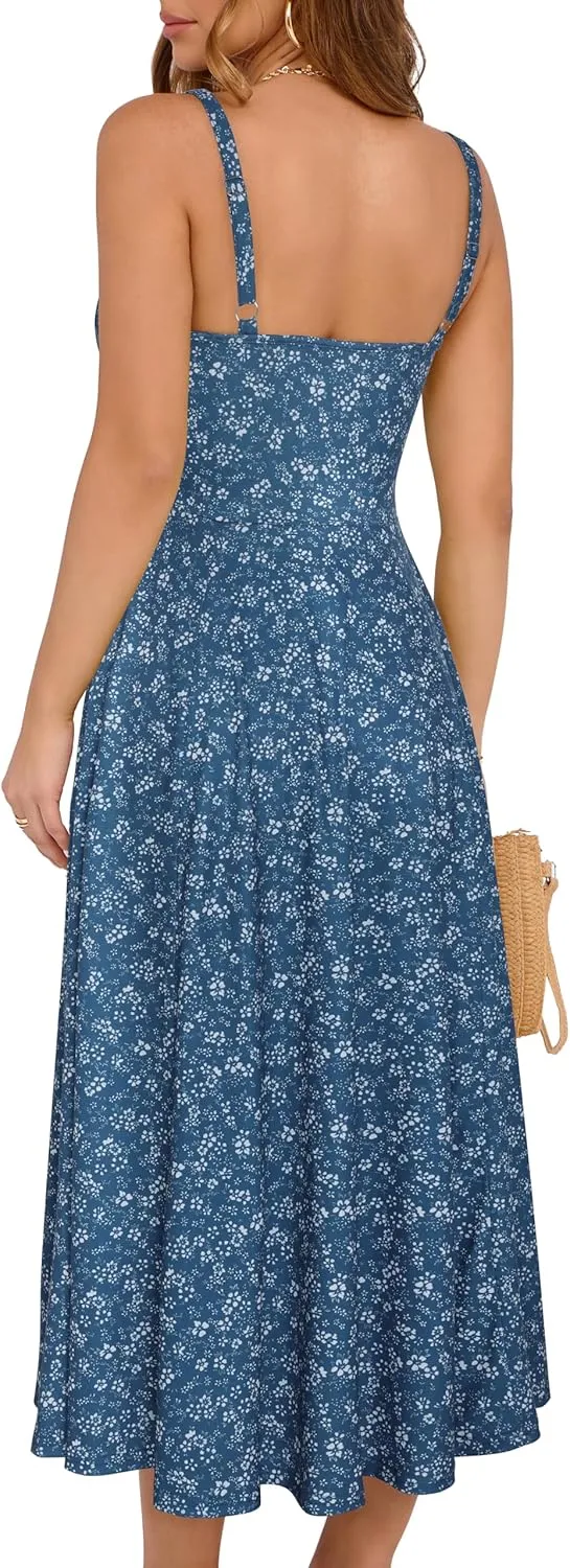 YATHON Women's Summer Midi Corset Boho Dresses Casual Floral Spaghetti Straps Lace Up Dress Flowy Aline Beach Sundress