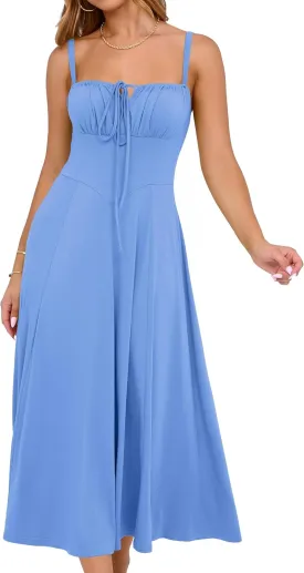 YATHON Women's Summer Midi Corset Boho Dresses Casual Floral Spaghetti Straps Lace Up Dress Flowy Aline Beach Sundress
