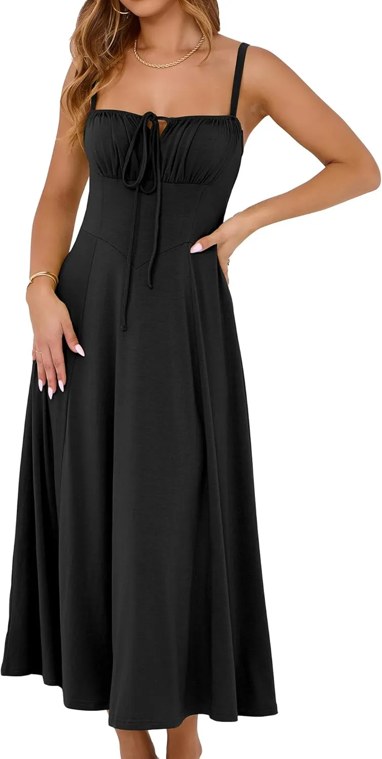 YATHON Women's Summer Midi Corset Boho Dresses Casual Floral Spaghetti Straps Lace Up Dress Flowy Aline Beach Sundress