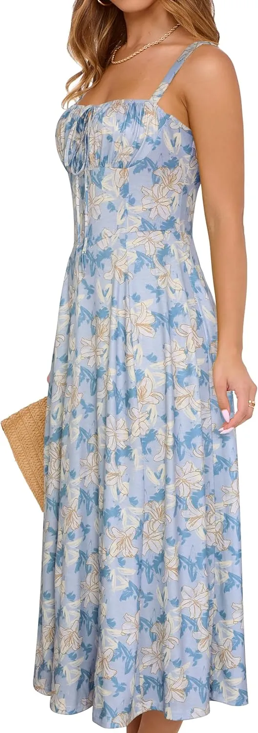 YATHON Women's Summer Midi Corset Boho Dresses Casual Floral Spaghetti Straps Lace Up Dress Flowy Aline Beach Sundress