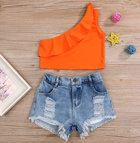 YOUNGER TREE 2Pcs Fashion Toddler Kids Baby Girl Denim Shorts Sets Sleeveless T-Shirt Ripped Shorts Independent Day Outfits (Orange  Light Blue, 3-4 Years)
