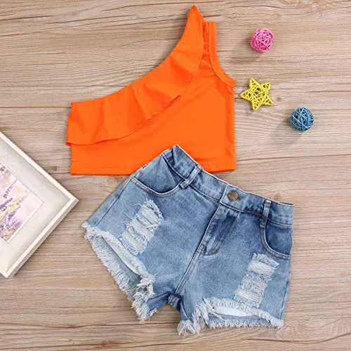 YOUNGER TREE 2Pcs Fashion Toddler Kids Baby Girl Denim Shorts Sets Sleeveless T-Shirt Ripped Shorts Independent Day Outfits (Orange  Light Blue, 3-4 Years)