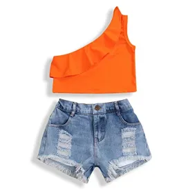 YOUNGER TREE 2Pcs Fashion Toddler Kids Baby Girl Denim Shorts Sets Sleeveless T-Shirt Ripped Shorts Independent Day Outfits (Orange  Light Blue, 3-4 Years)