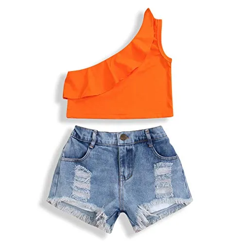 YOUNGER TREE 2Pcs Fashion Toddler Kids Baby Girl Denim Shorts Sets Sleeveless T-Shirt Ripped Shorts Independent Day Outfits (Orange  Light Blue, 3-4 Years)
