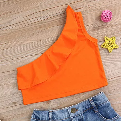 YOUNGER TREE 2Pcs Fashion Toddler Kids Baby Girl Denim Shorts Sets Sleeveless T-Shirt Ripped Shorts Independent Day Outfits (Orange  Light Blue, 3-4 Years)