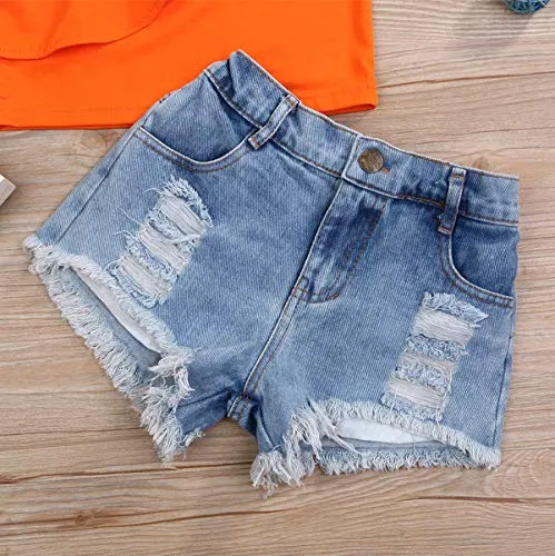 YOUNGER TREE 2Pcs Fashion Toddler Kids Baby Girl Denim Shorts Sets Sleeveless T-Shirt Ripped Shorts Independent Day Outfits (Orange  Light Blue, 3-4 Years)