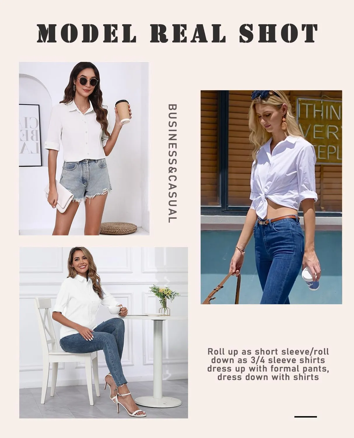 Zeagoo Womens Button Down Shirts 3/4 Sleeve Dress Blouses Business Casual Collared Oxford Tops