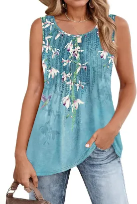 Zeagoo Women's Summer Tank Tops 2025 Pleated Crew Neck Floral Solid Loose Fit Casual Sleeveless Flowy Boho Tunic Shirts